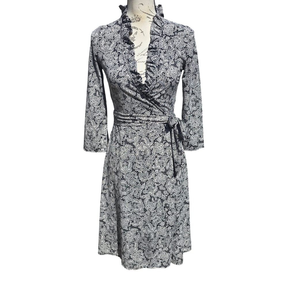 BCBGMAXAZRIA Black White Floral Lace Print Ruffle Wrap Dress AOL63932 Womens S